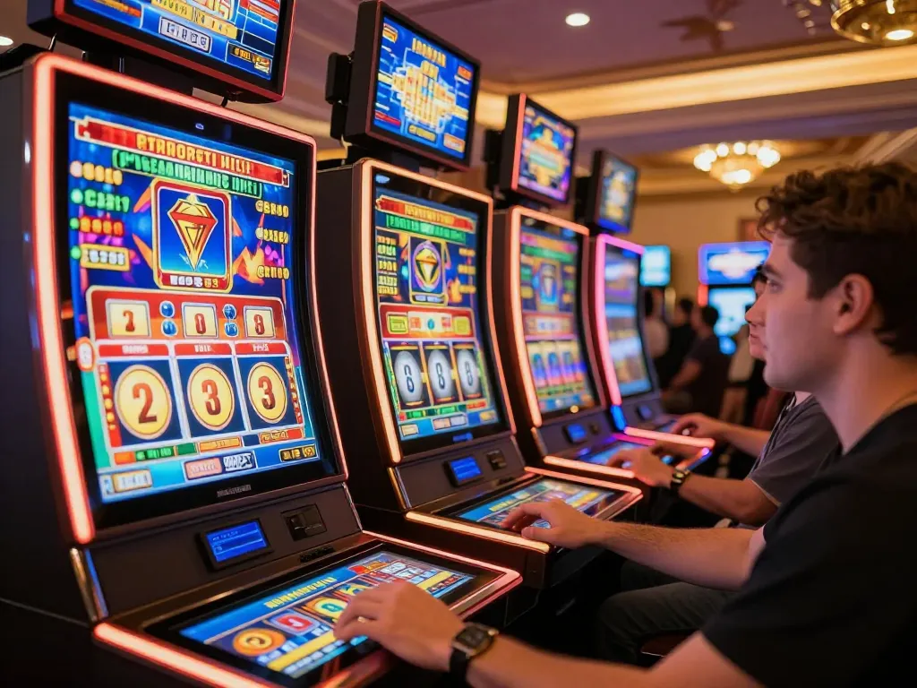 Players engaging with ALO8's vibrant online slot machines, spinning reels for big wins.
