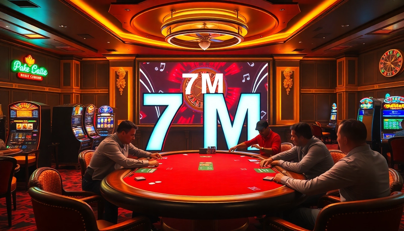 Experience thrilling poker gameplay at the 7M casino with vibrant slots and roulette.