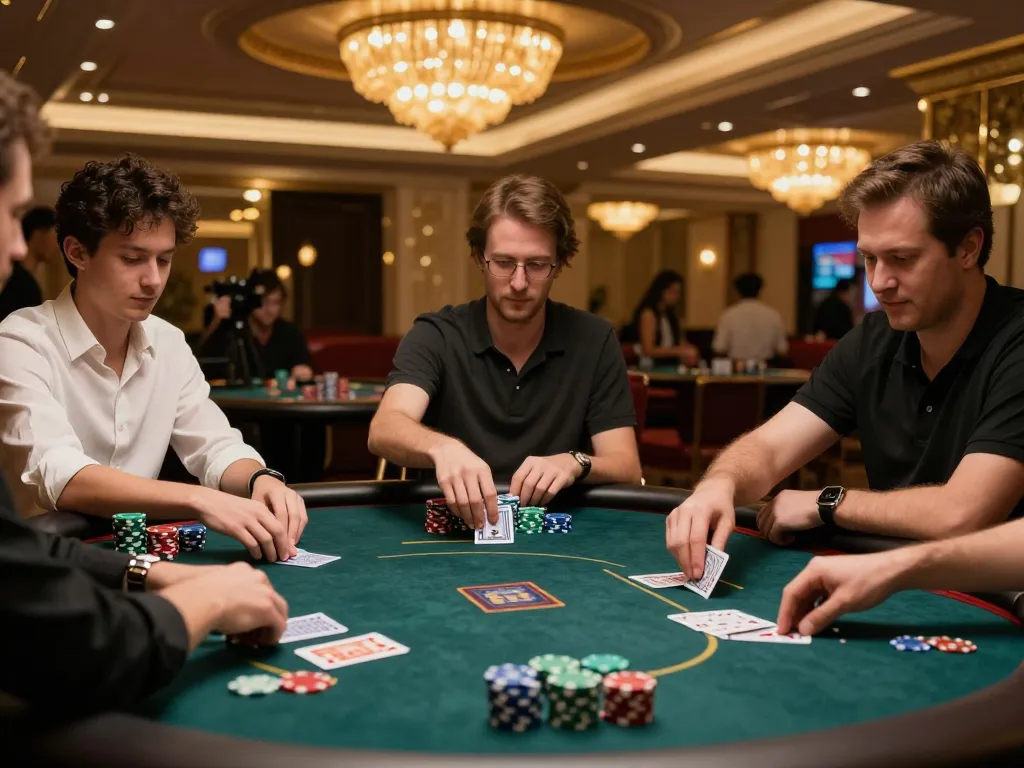 Tic88 poker players strategizing their bets at a lively casino table with illuminated cards and chips.
