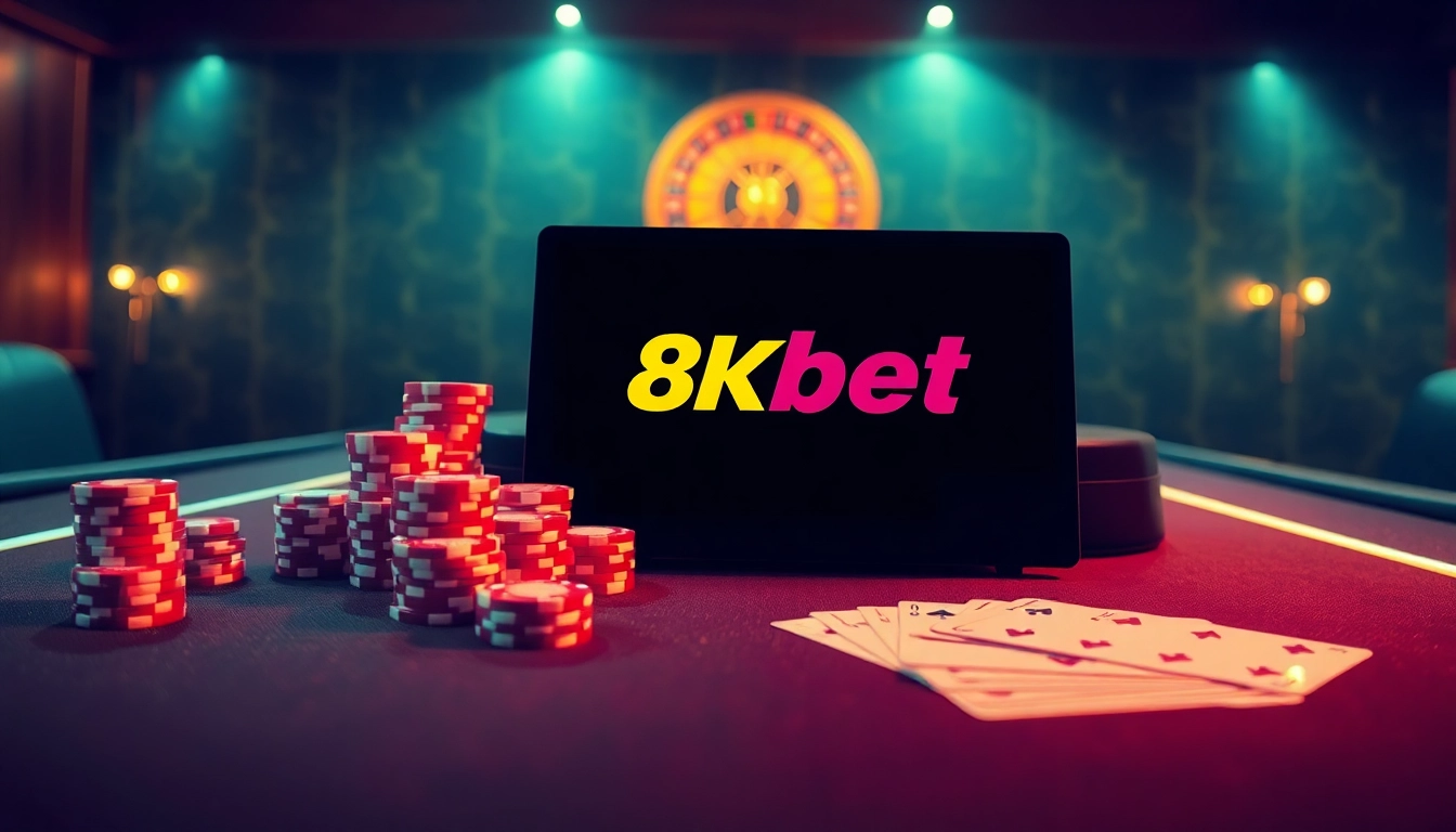 An engaging scene of poker chips and cards on a luxurious 8kbet casino table.