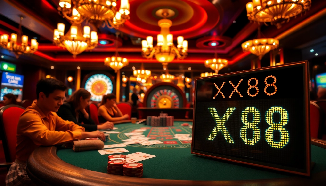 Exciting poker game with players betting at the XX88 promoted table in a luxurious casino.