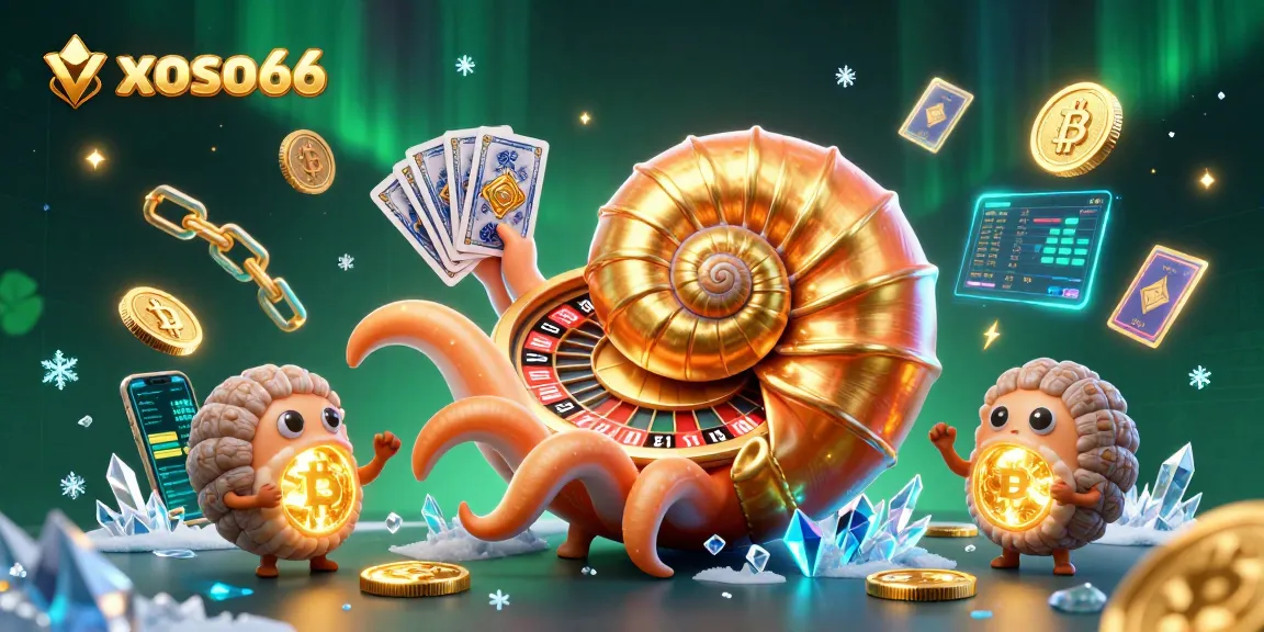 Engage in thrilling games at xoso66 with a vibrant casino scene showcasing ancient nautilus and cryptocurrencies.