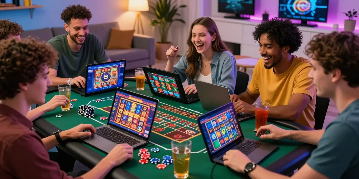 Friends enjoying games at uk casinos not on gamstop in a lively living room, showcasing excitement and camaraderie.