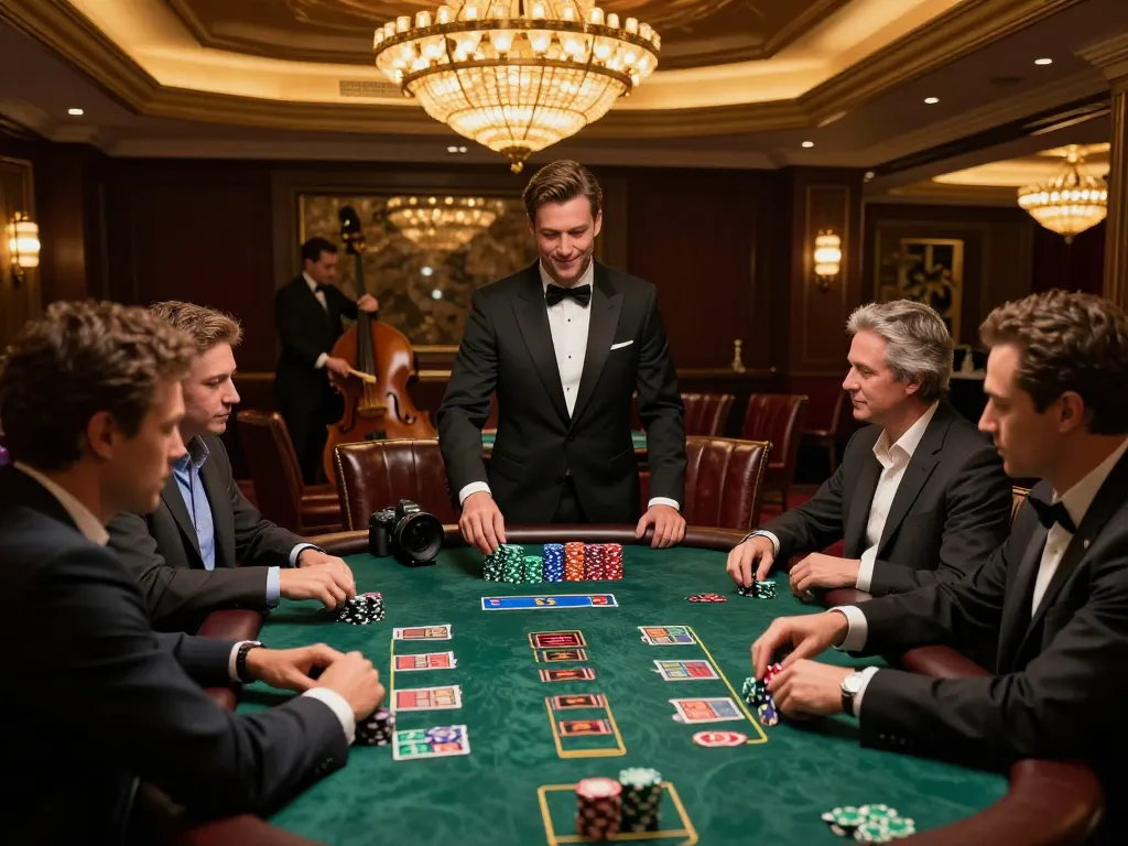 F168 blackjack players strategizing bets at a luxury casino table amidst warm ambient lighting.