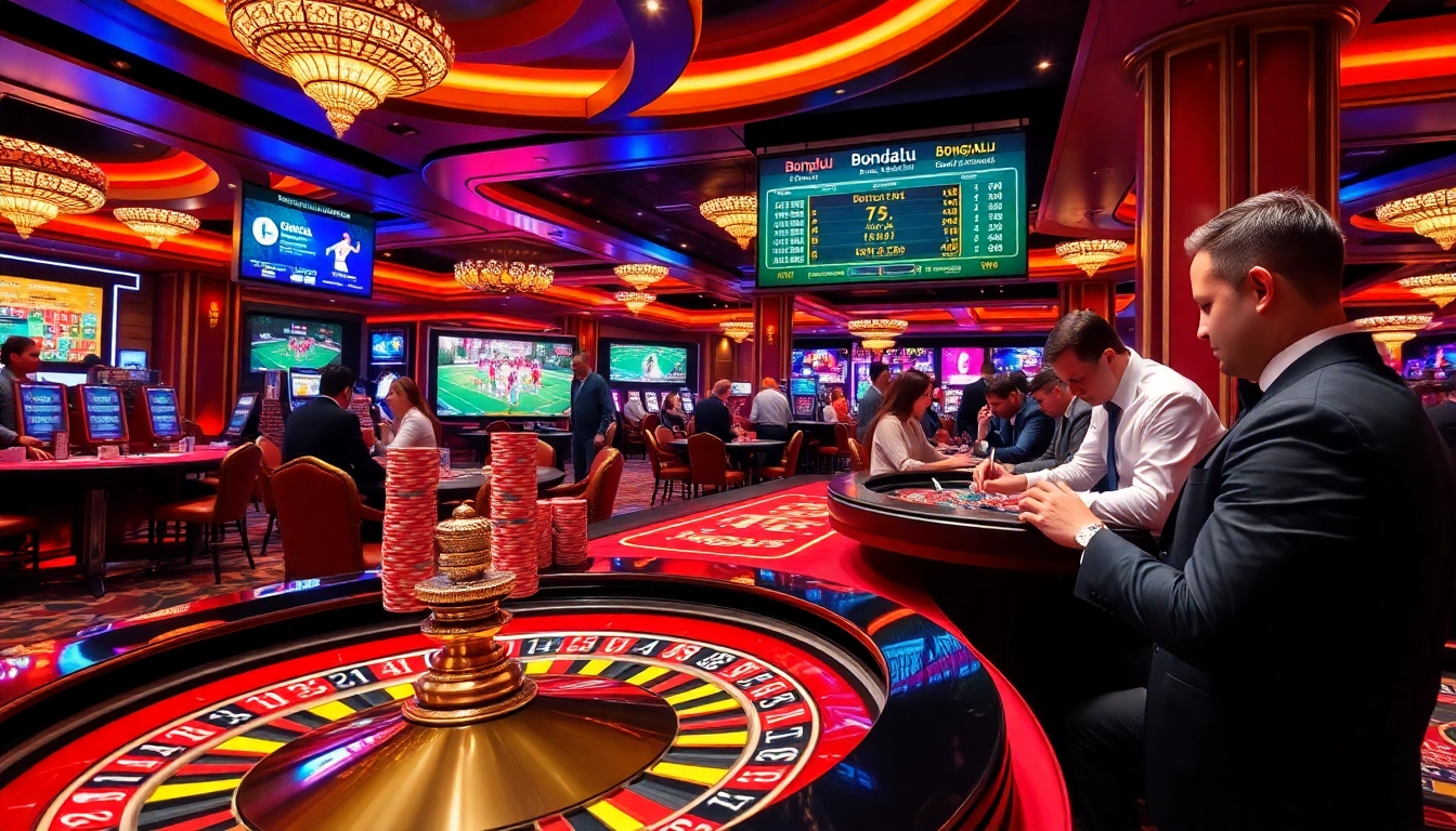 Bongdalu casino scene showcasing a bustling roulette table with poker chips and players engaged.