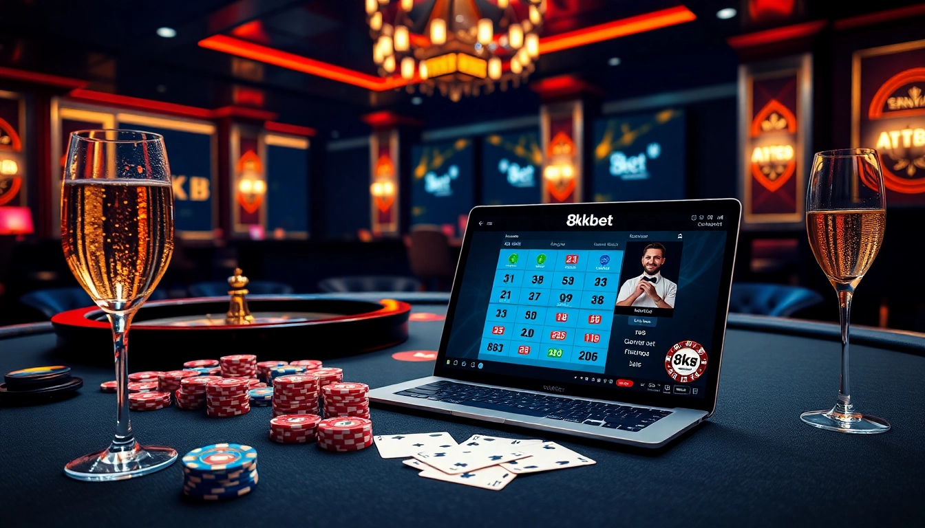 Experience thrilling gambling action at 8Kbet with vibrant tables filled with poker chips and cards.