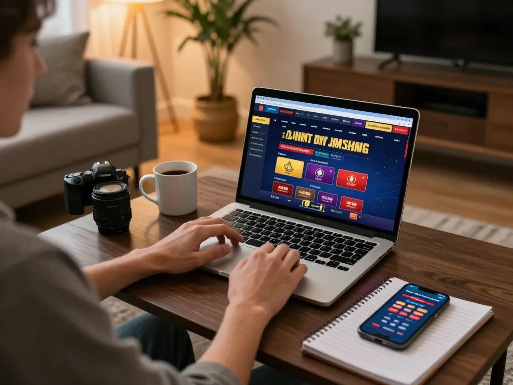 Home online gambling experience showcasing a person strategizing on nhacaiuytinn while using a laptop.