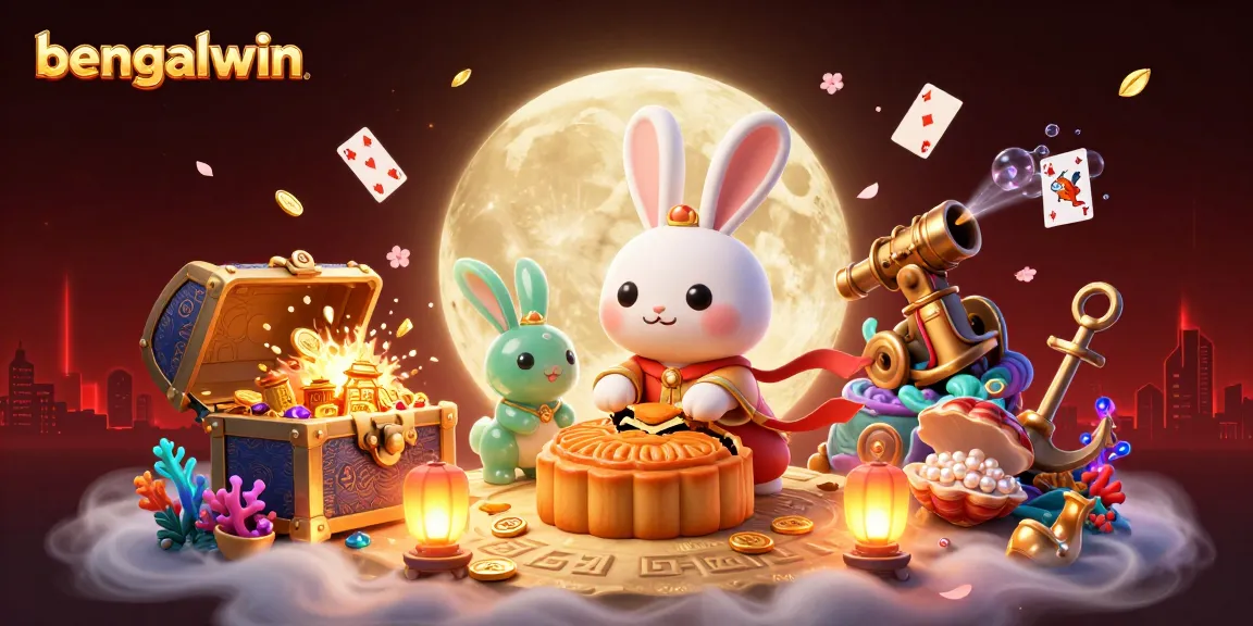 Bengalwin captures a 3D-inspired moon rabbit adjusting the golden mooncakes amid floating cards and treasure.