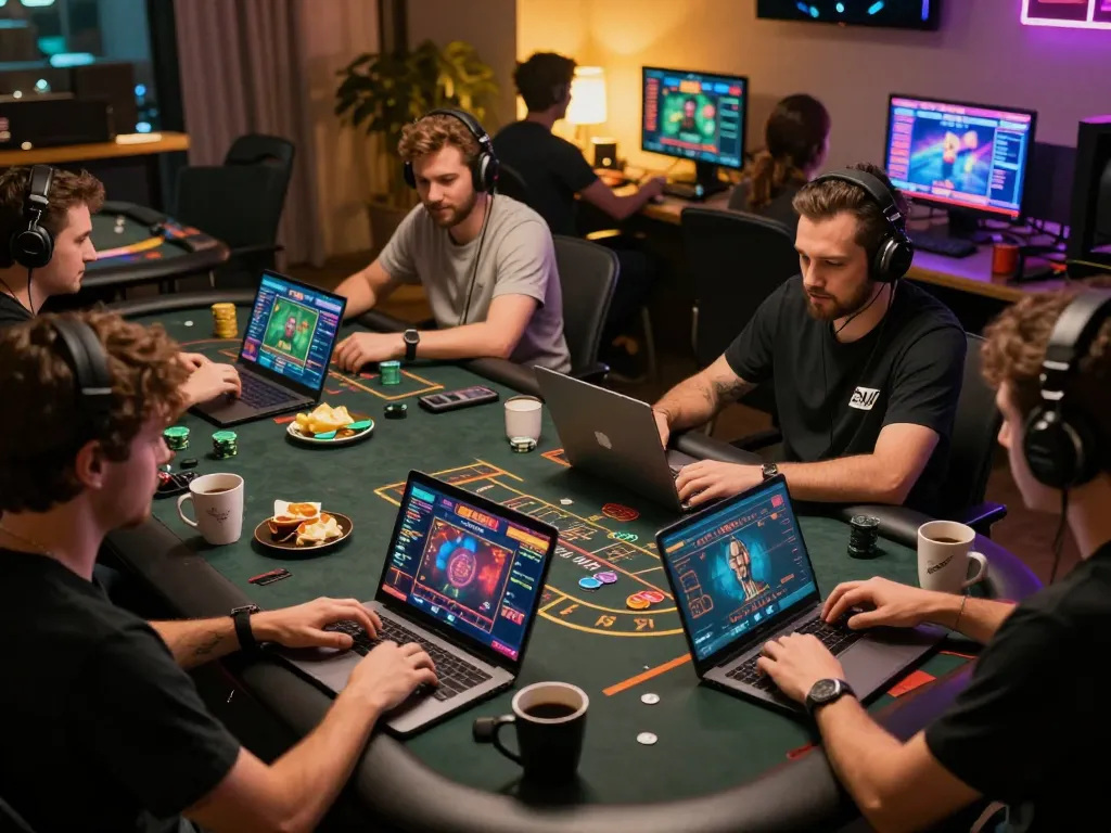 Players enjoying god55 online casino games on laptops, showcasing immersive gameplay and strategic interaction.