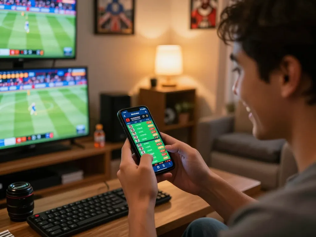 Engaged bettor checking kèo nhà cái app on smartphone while watching live sports in a cozy living room