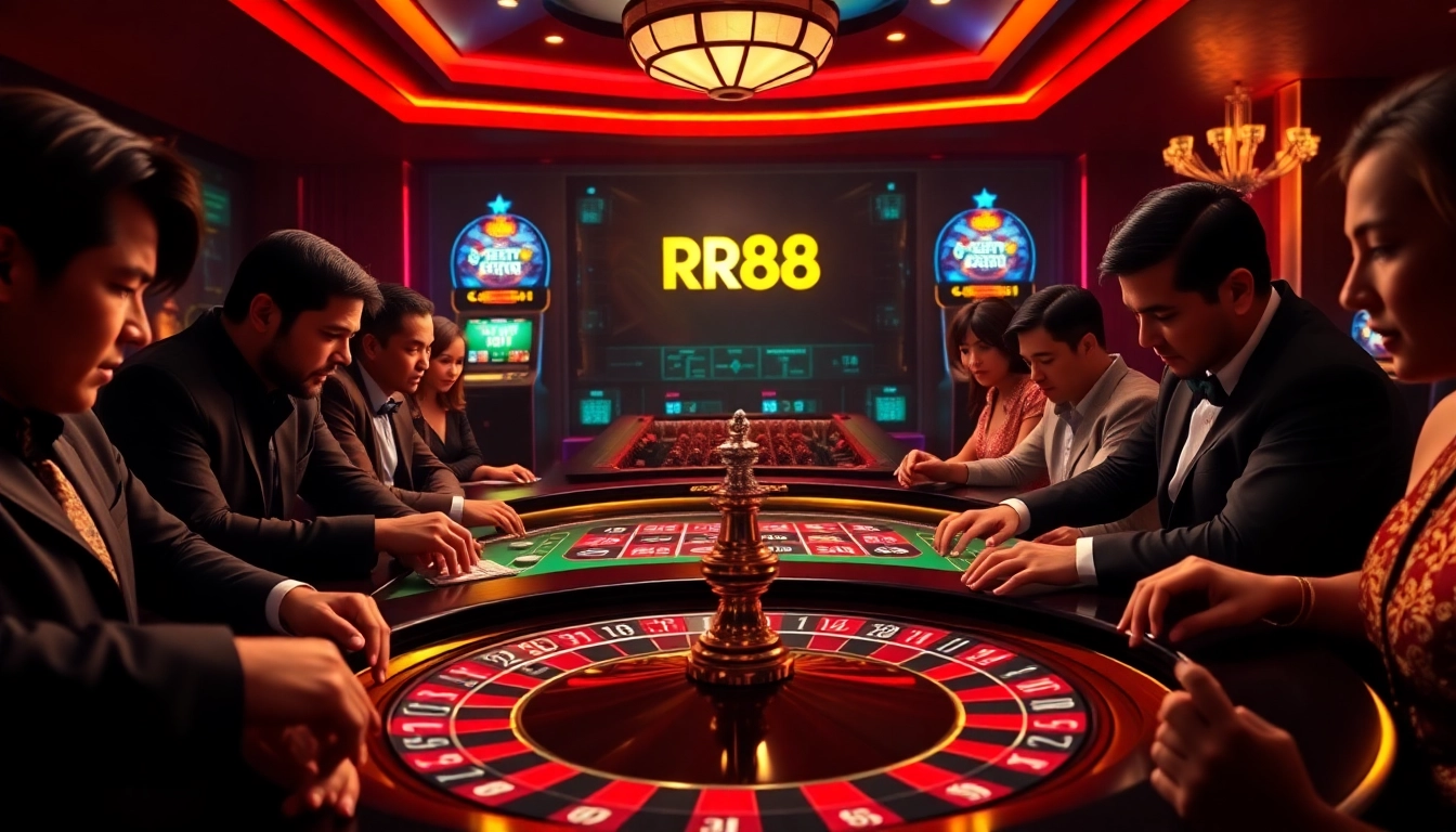 Players engaging intensely at the RR88 casino's roulette table under elegant lighting.