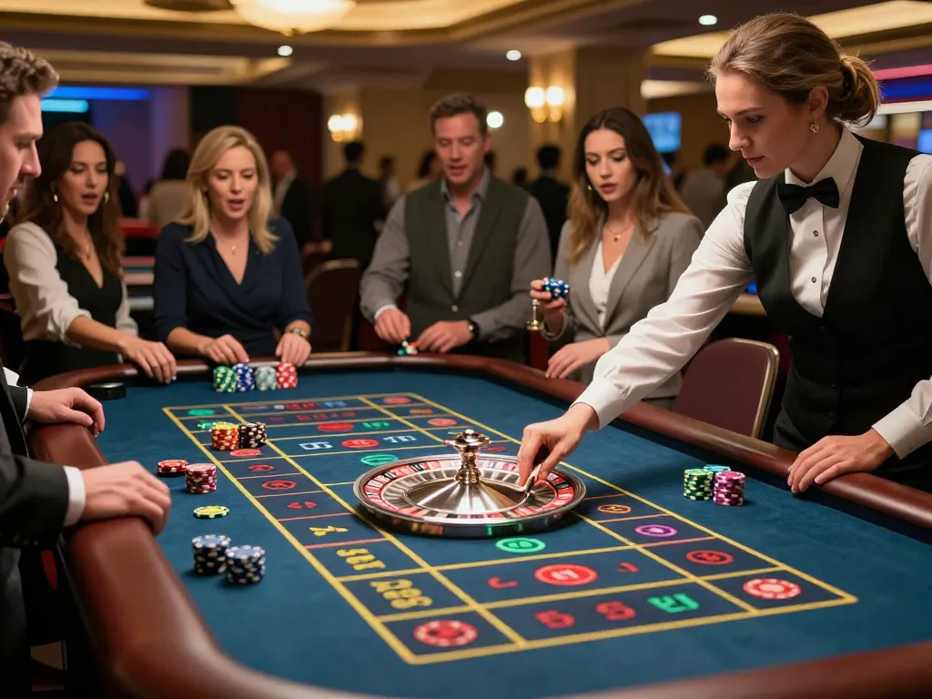 Players immersing in the thrill of roulette at a casino table, experiencing the excitement of mb666 gaming.