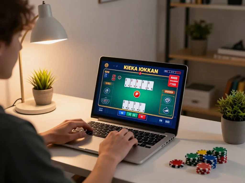 Player engaging in online casino games at home, showcasing trusted nhà cái uy tín experience and exciting poker action