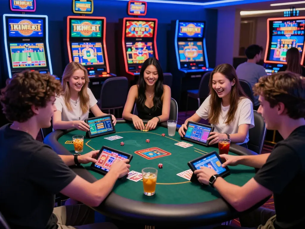 Friends enjoying a virtual poker game on MM88 at an upscale online casino.