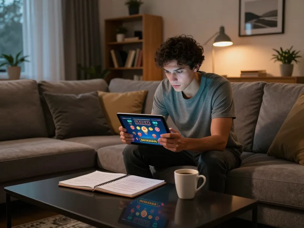 Engaging with link w88 on a tablet in a cozy home setting for responsible gambling.