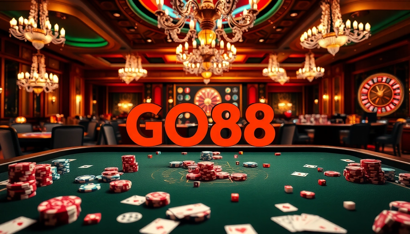 GO88 poker gaming table with vibrant chips and cards in a luxurious casino setting.