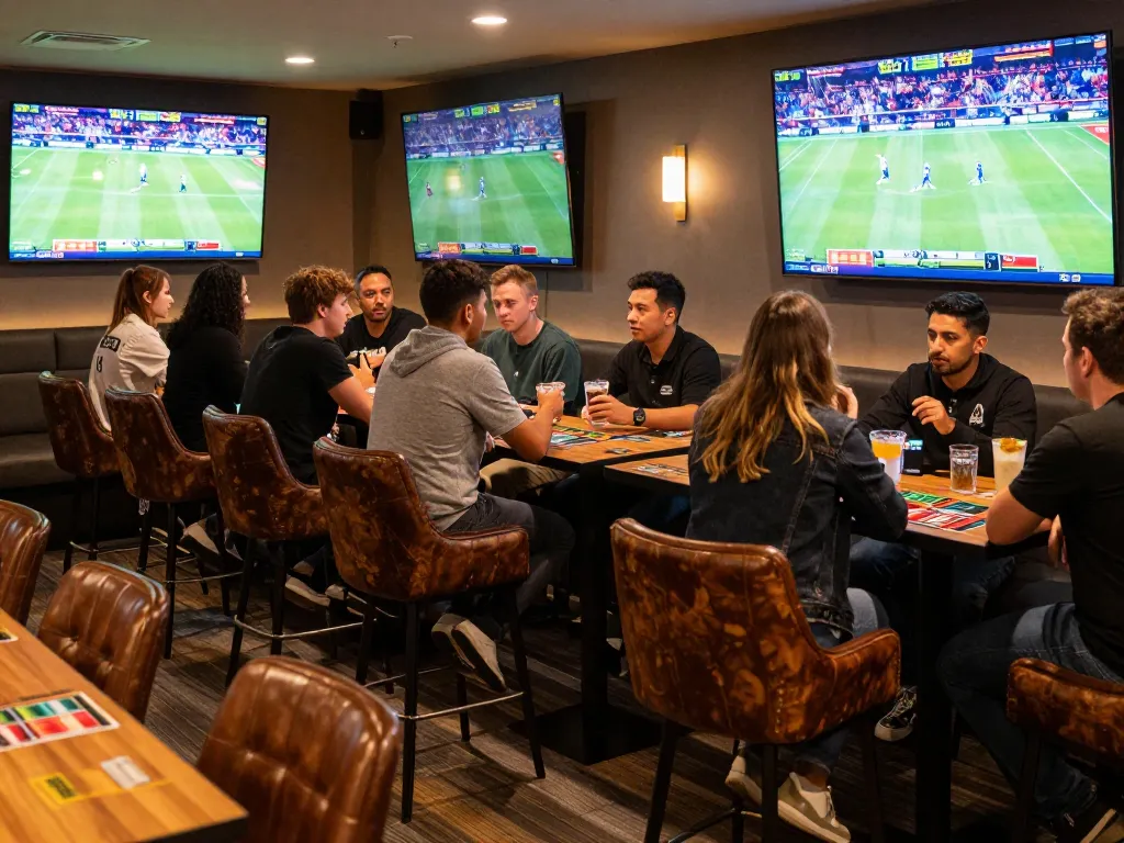 79KING sports bettors engaging in dynamic wagering at a lively lounge.