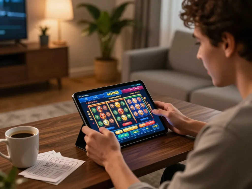 Player using 4444WIN app for online gambling, engaging in vibrant gameplay on tablet in a cozy home setting.