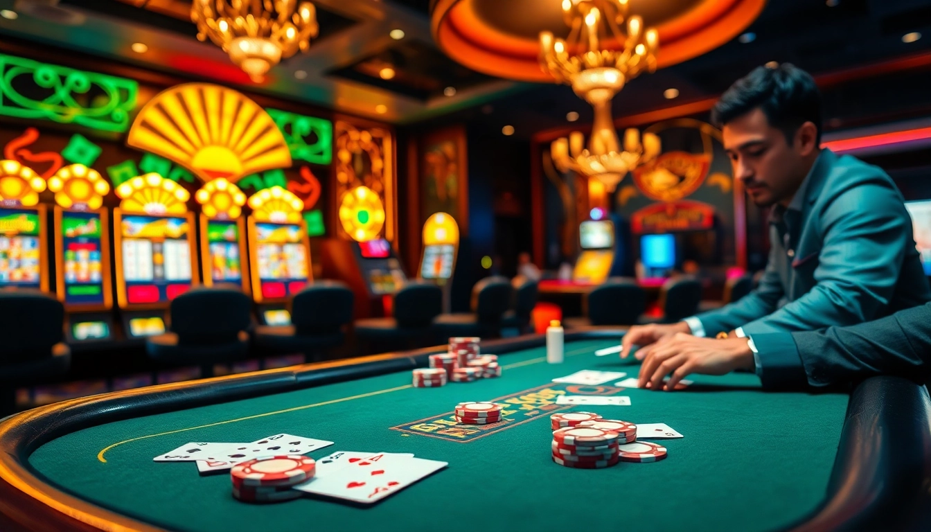 Mocbai casino scene with vibrant poker games and luxurious slot machines in a modern setting.
