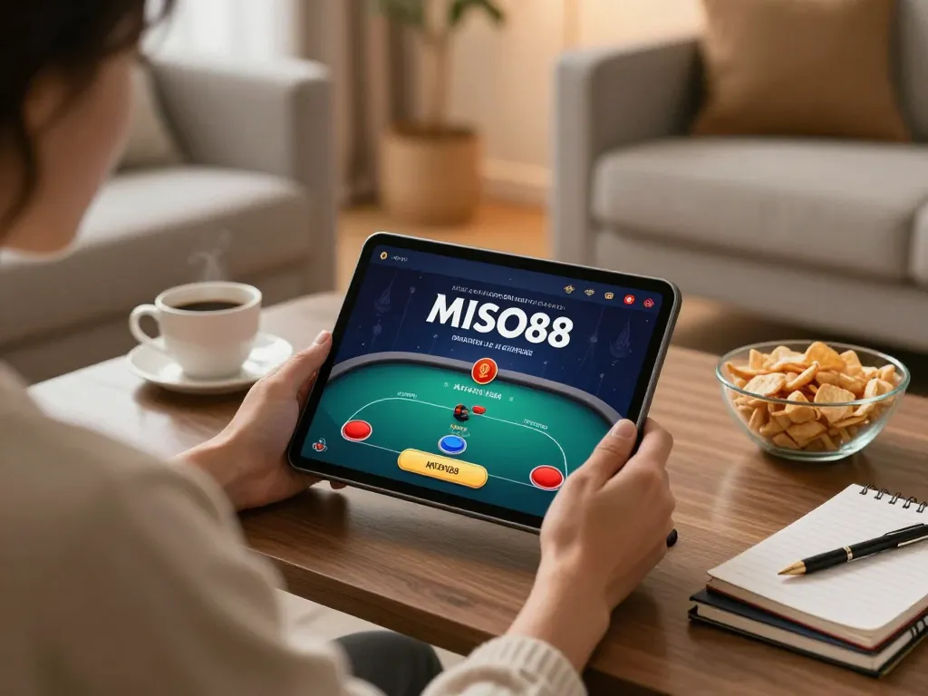 MISO88 player enjoying online poker on tablet in a cozy home setting with snacks and notes