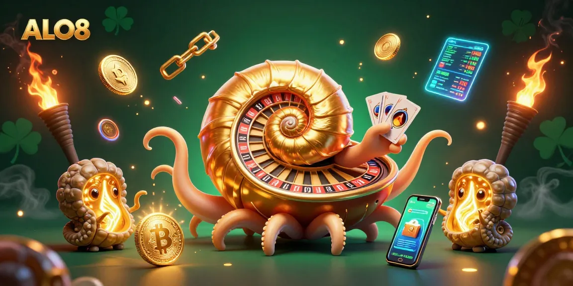 Experience thrilling gaming with ALO8's unique nautilus-themed casino elements and vibrant crypto visuals.