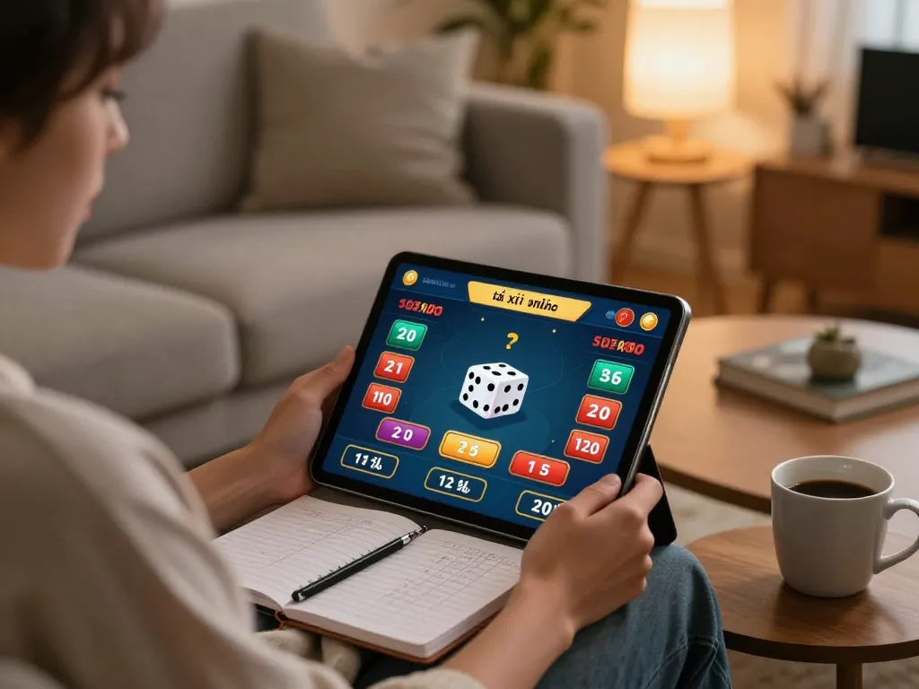 Engaging scene with a person playing game tài xỉu online uy tín on tablet in a cozy home setting, emphasizing responsible gambling.