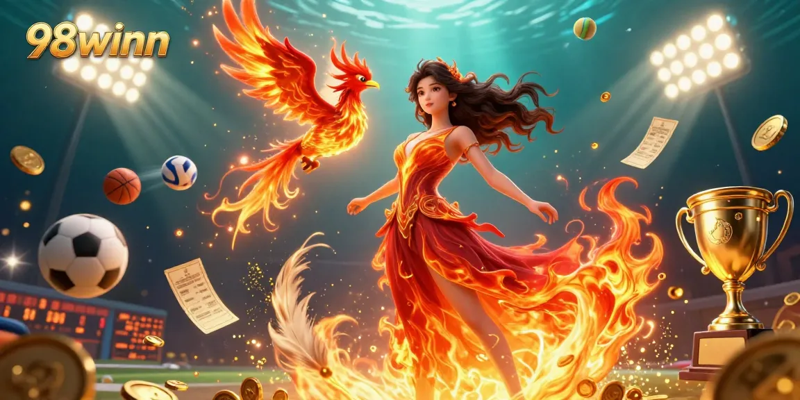 Experience thrilling gameplay with 98winn in this vibrant 3D casino illustration featuring sports elements.