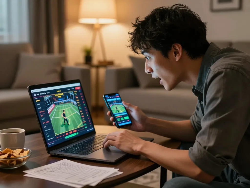Engaged user at home utilizing lc88 app for strategic sports betting analysis.