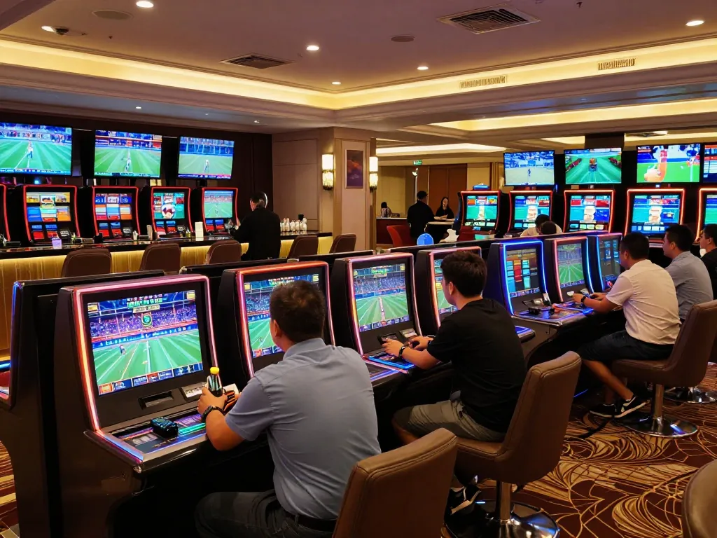 Players engaging in sports betting excitement at QQ88's vibrant, high-tech betting area