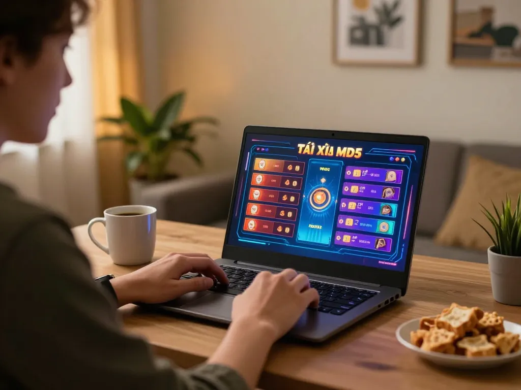 Playing Tài Xỉu MD5 in a cozy home setup, showcasing a dynamic online gaming experience.