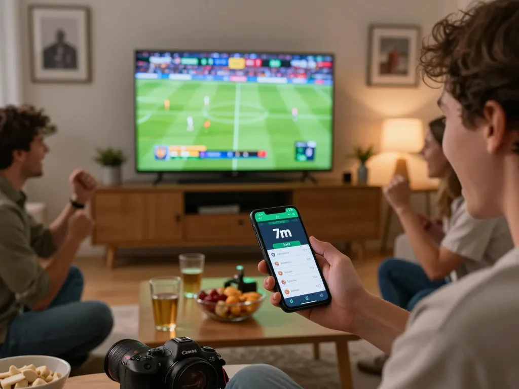 Engaging in lively sports betting using a smartphone, showcasing a vibrant atmosphere with friends while enjoying the excitement of 7m football matches.