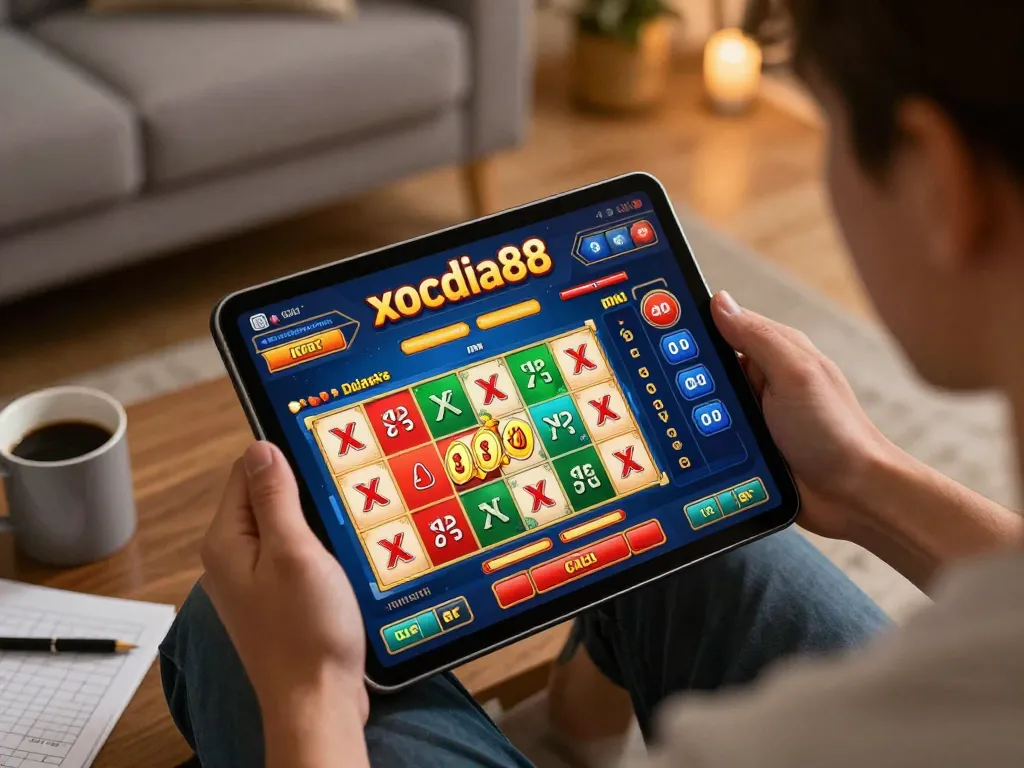 xocdia88 online game player engaged in strategic gameplay at home, showcasing the tablet interface.