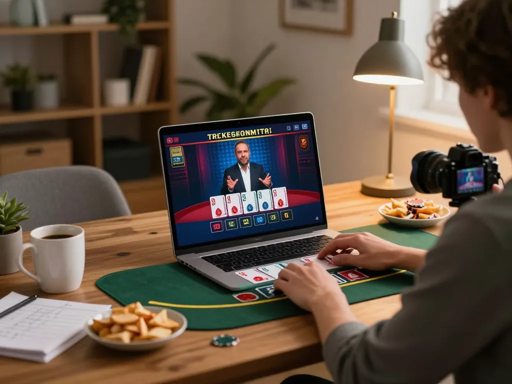 Engaging online gaming scene with cm88 blackjack player at home using laptop, cozy atmosphere