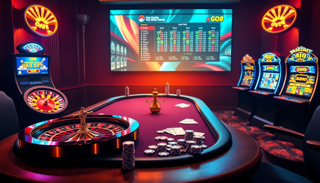 Engage in high-stakes gambling at go8, featuring a futuristic poker table and roulette wheel in a luxurious casino atmosphere.