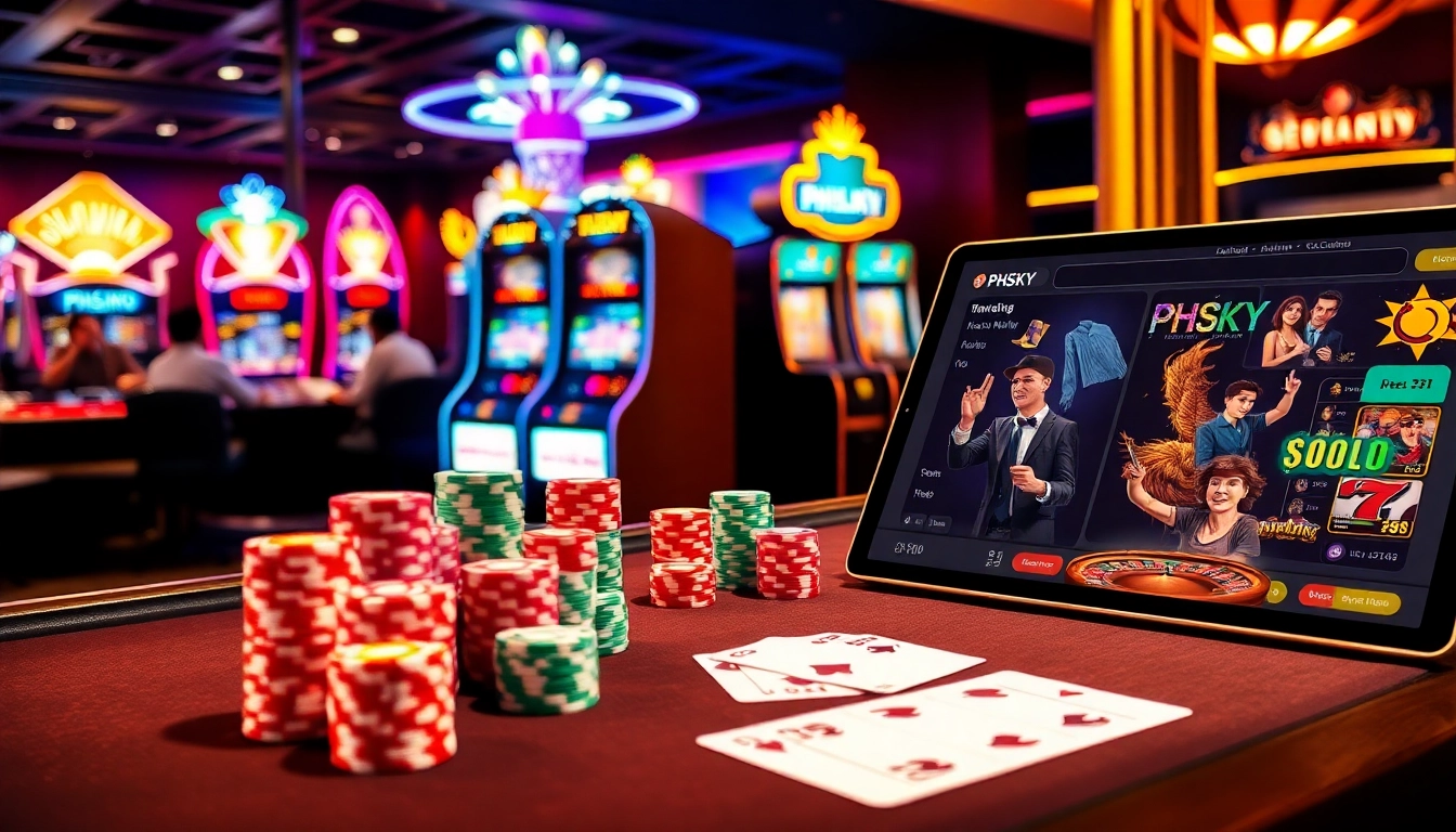Exciting online casino gameplay with PHSKY featuring poker, roulette, and vibrant slot machines.