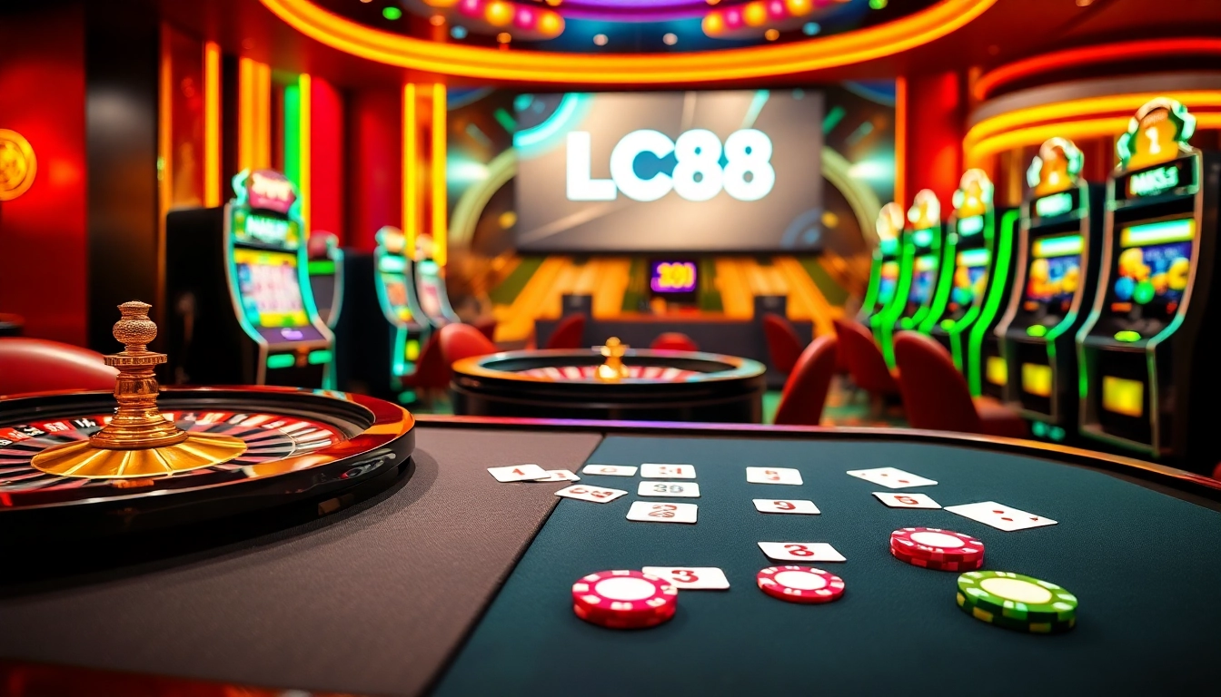 Exciting gaming atmosphere at LC88 casino with poker chips and roulette wheel.