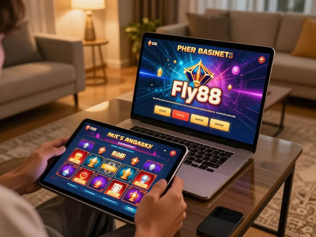 Engaging with Fly88's online casino app for an exciting gaming experience at home.