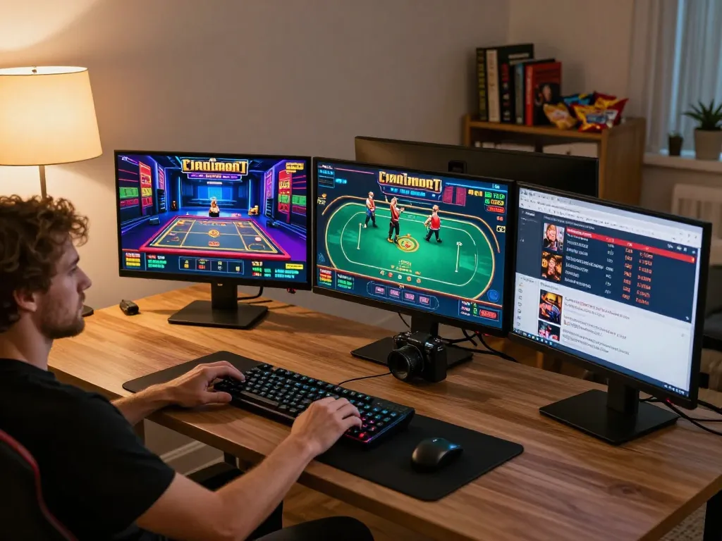 KJC users strategizing via online casino games on multiple screens in a comfortable home setting.