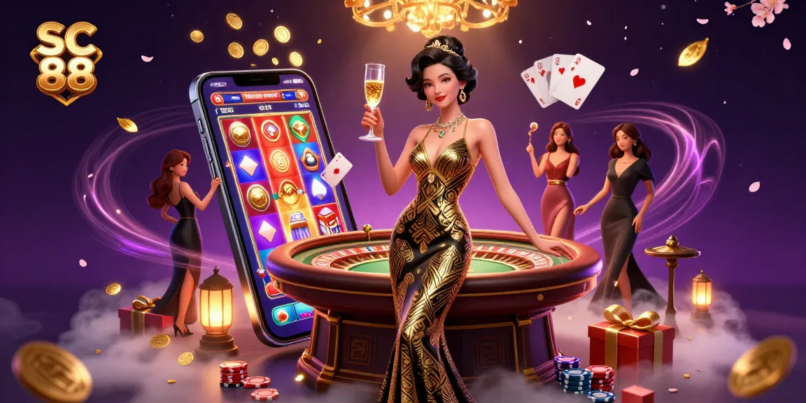 Engage with the glittering world of SC 88 casino, featuring an elegant Asian woman amidst dynamic slot game elements.