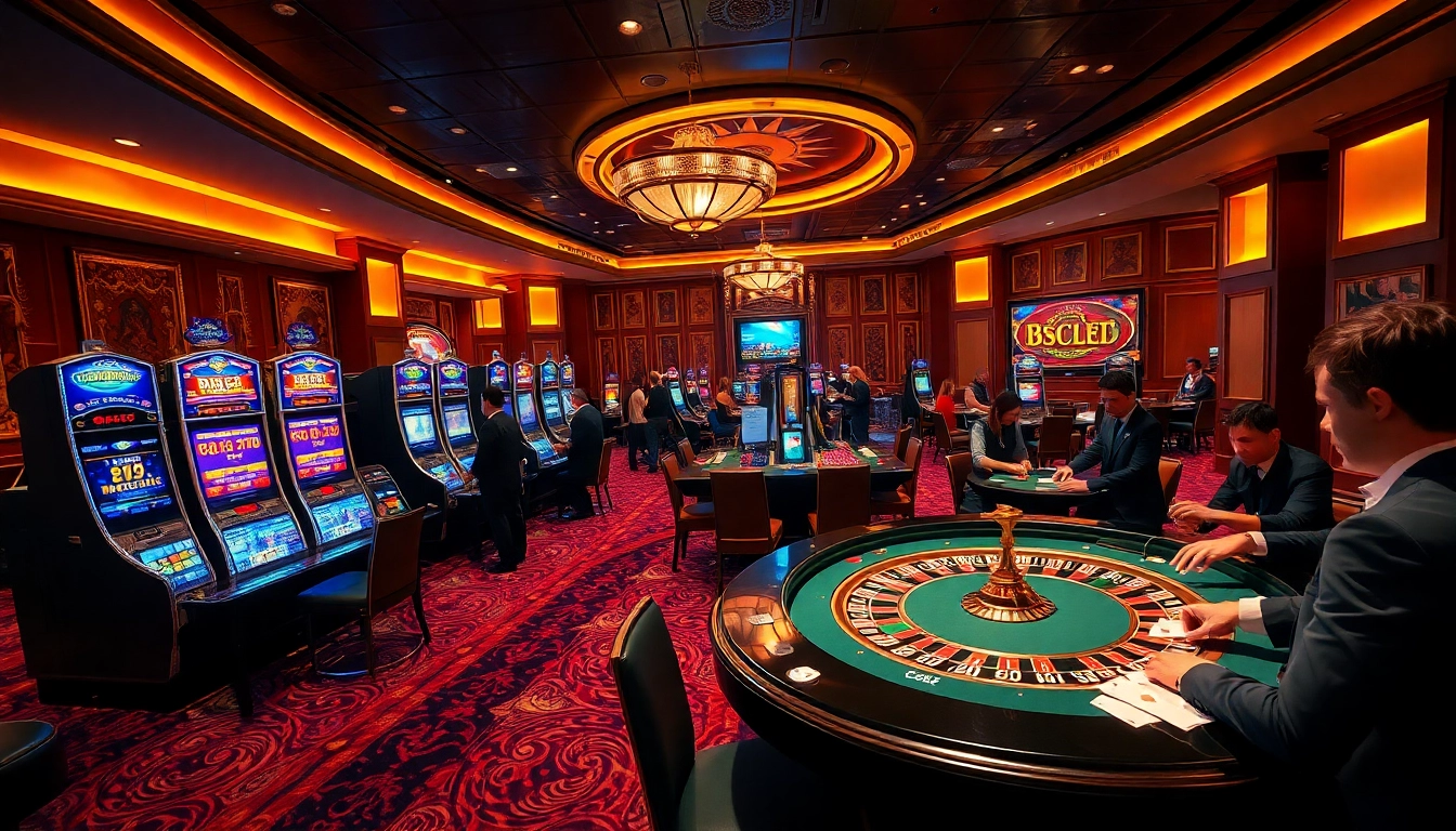 B52Club gaming area featuring slot machines and excited players in a luxurious casino.