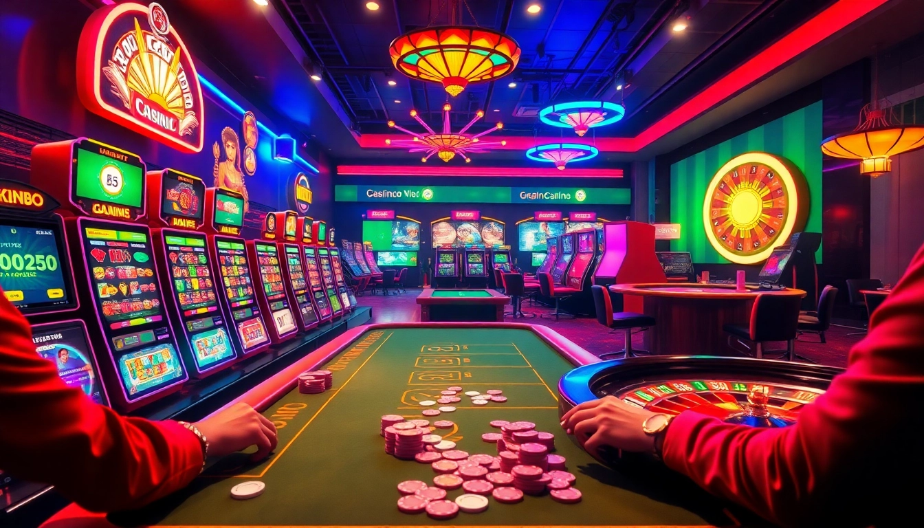 Exciting online gaming scene with king88 interface displaying vibrant slot machines and poker tables.