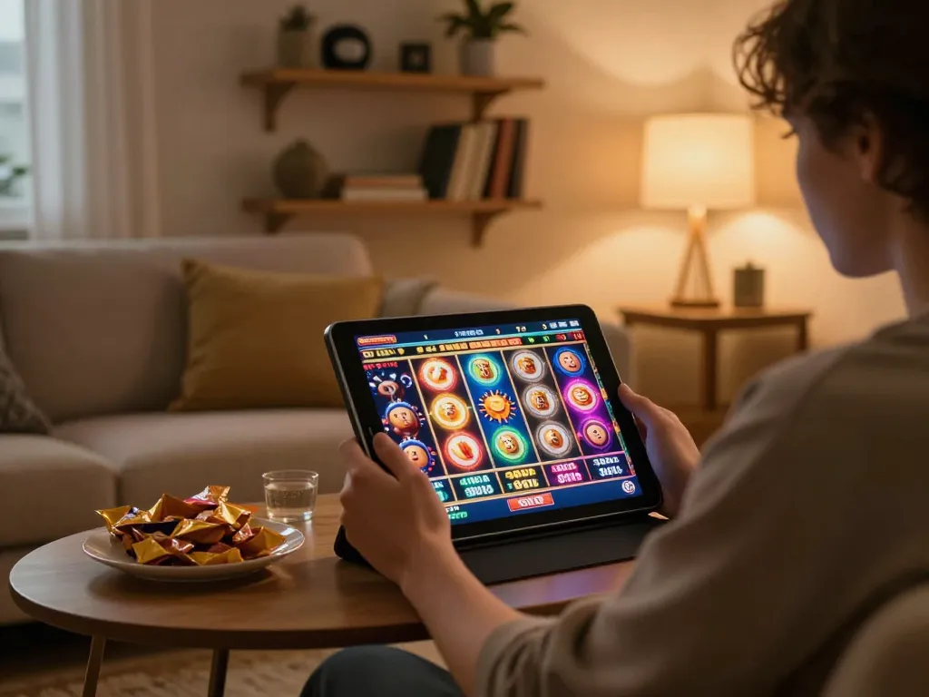 Engaging player enjoying online slots at home on tablet, showcasing the 78wintl gaming experience.
