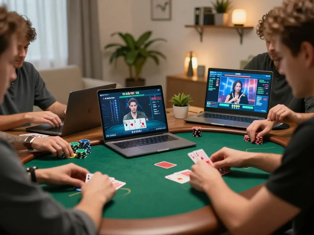 Players strategizing during an intense online poker session at home, featuring 33win app on screen