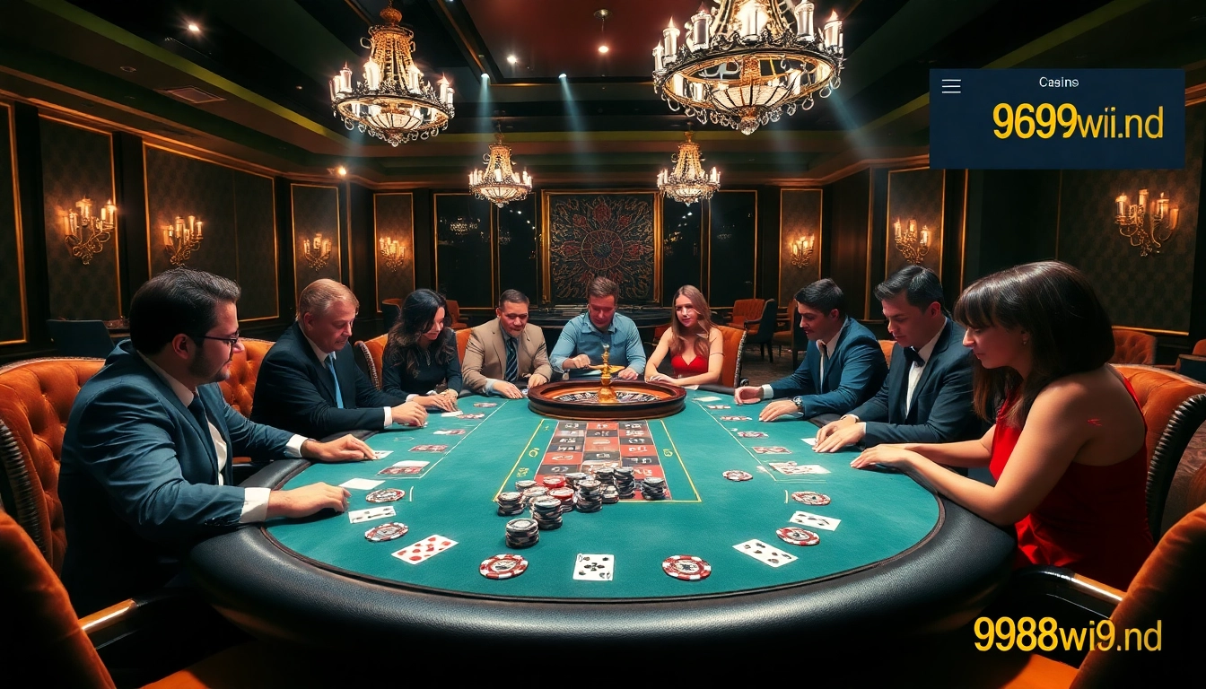Excited players winning at 98win9.bid poker table in a luxurious casino environment.