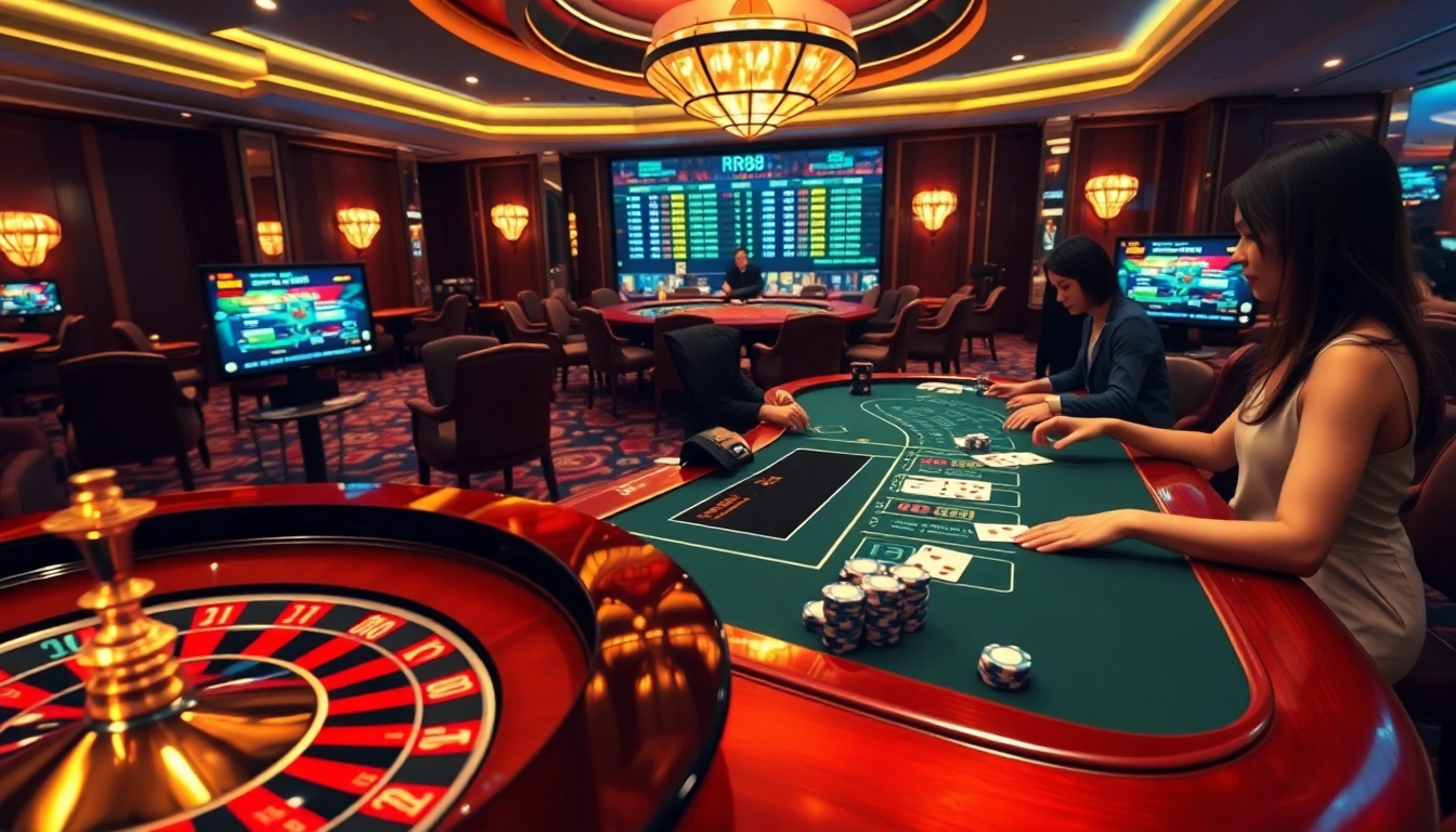 RR88 online gambling scene with poker chips, cards, and roulette wheel for vibrant casino experience.