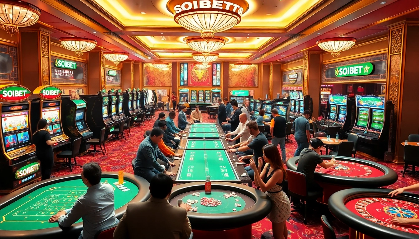 Engaged players in SOIBET casino games experiencing thrilling wins with vibrant cards and chips.