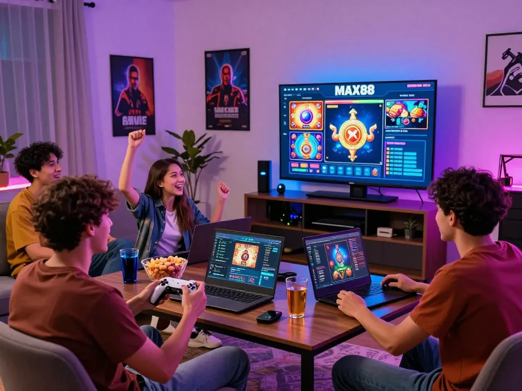 Exciting group gaming experience with friends at MAX88, showcasing vibrant gameplay and esports action in a modern living room.
