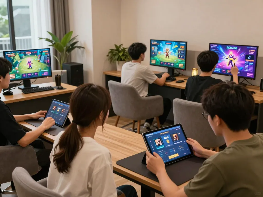 Players enjoying 32win gaming experience on tablets in a cozy virtual lounge.