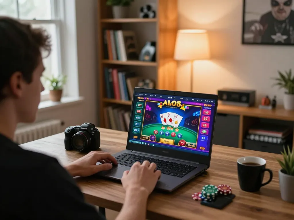 Engaged player enjoying ALO8 gaming experience on laptop with poker chips ready for action