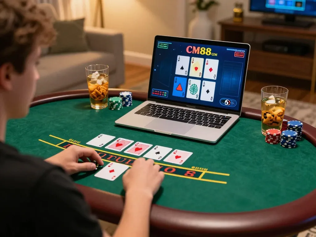 Playing blackjack online at home, enjoying the experience with CM88 COM.